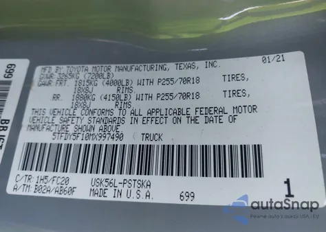 2021 Toyota Tundra Sr5 z USA, uszkodzony, nr VIN 5TFDY5F10MX997490